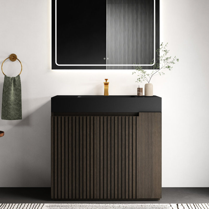 Meuble-lavabo de 36 po avec lattes en chêne fumé, grande capacité de rangement, surface imperméable, assemblage Kd, grain facile à installer, cuve en quartz noir, ajustement intérieur multi-styles, contreplaqué de catégorie E1, doux
