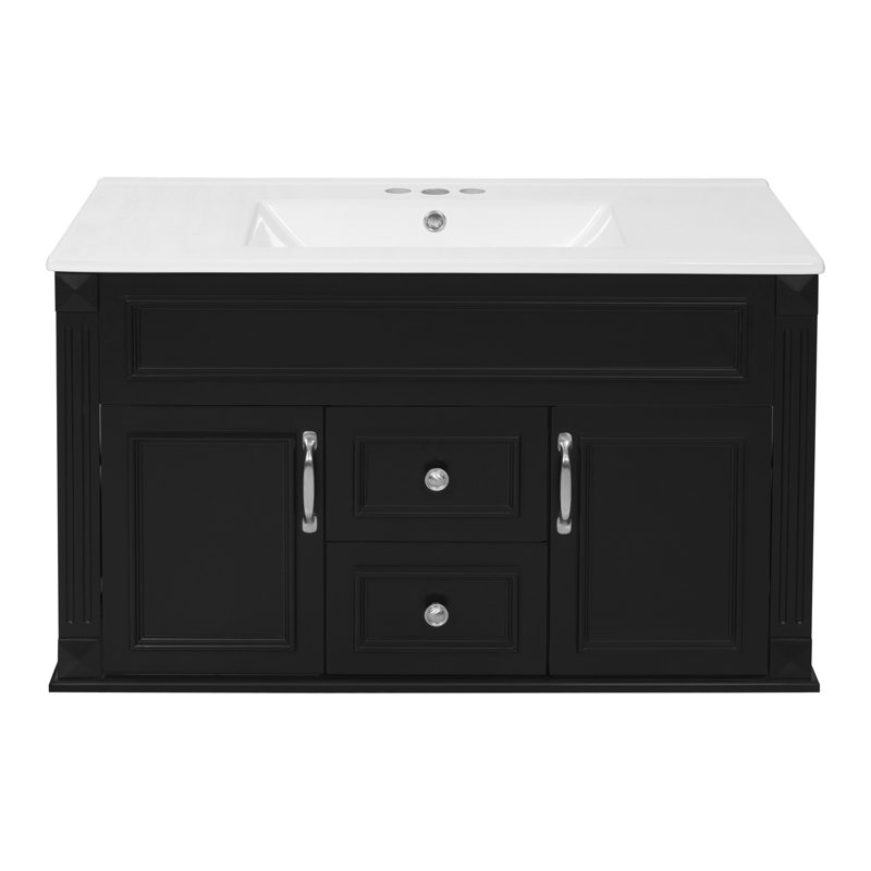 Meuble-lavabo mural 36 po avec lavabo et tiroirs en céramique, meuble-lavabo simple de style français avec charnières à fermeture douce