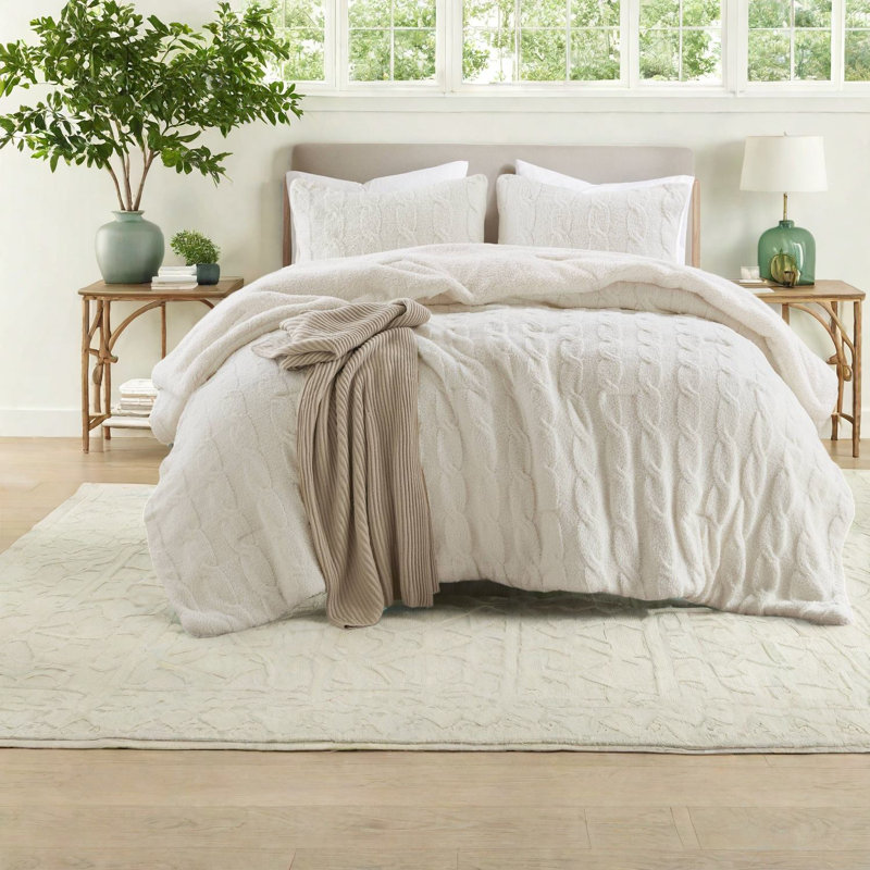 Luxueux ensembles de literie pour lit simple en chenille, finition ivoire avec revers en sherpa douillet