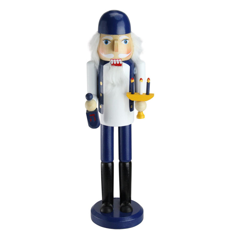 Casse-noisette en bois bleu et blanc avec menora et dreidel 14 po Hanoukka