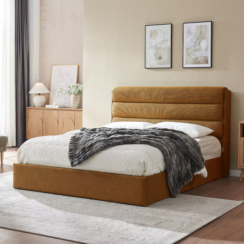 Lit plateforme tapissier avec rangement relevable, Grand, Marron clair