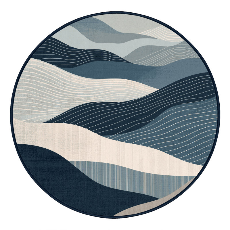 Machine Washable Bensonhurst Modern & Contemporary Abstract Rug in Beige – Navy Binding, 8' Round