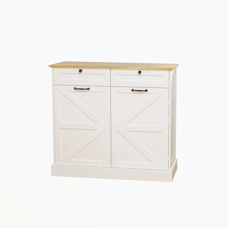 Pantry Cabinet with 2 Drawers, Tilt Out Trash Cabinet and 1 door with storage rack and 2 Shelves