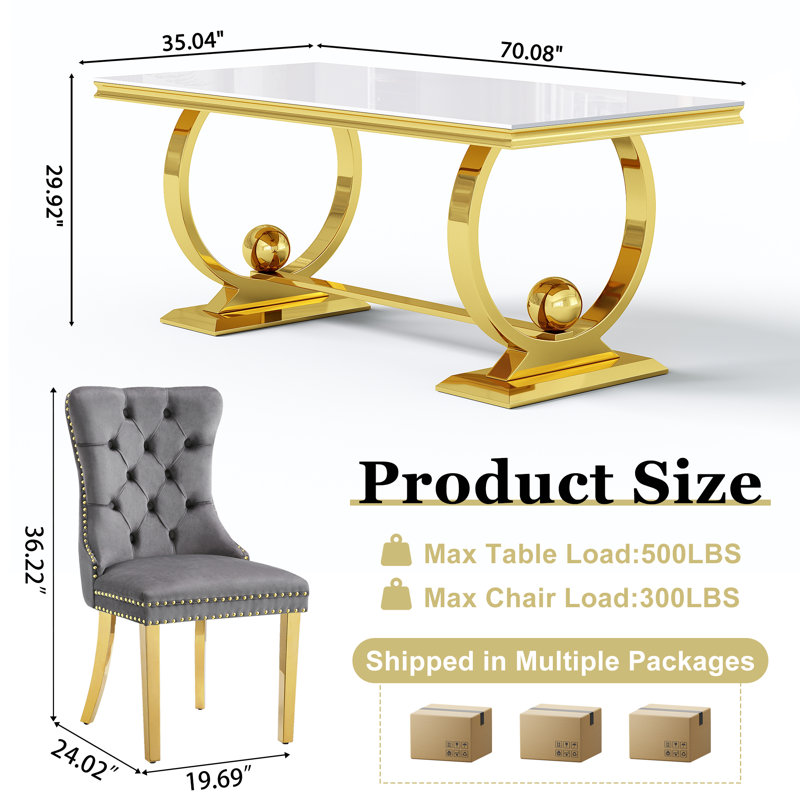 70" Glass Dining Table Set Of 7, Double U-Shaped Polished Stainless Steel Base, 10Mm Thick Tempered Glass Top And Velvet Upholstered Nailhead Chairs