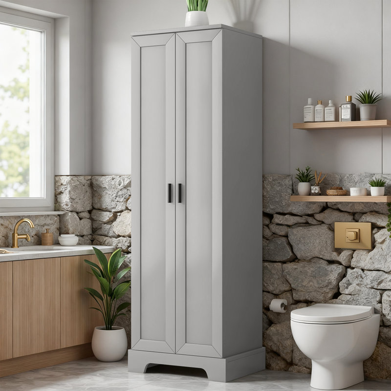 Floor Storage Cabinet Accent Bathroom Cabinet With Adjustable Shelf, Gray