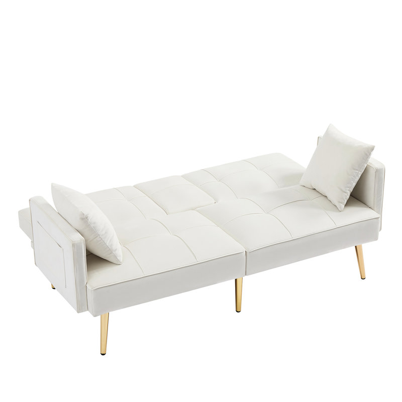Cream White Velvet Futon, Gold Metal Legs, 3 Adjustable Angles, 2 Side Pockets, Square Arm Bed Creamy Convertible Frame Levels, Back, Seat, Foam Filler, Storage Pockets & Drink Holders
