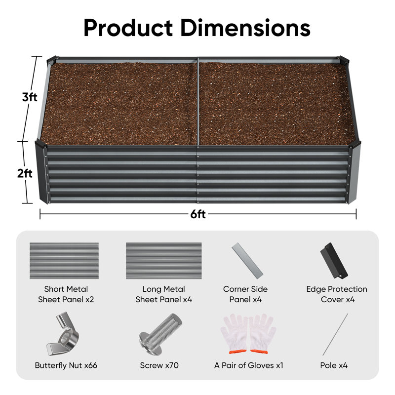 Oretha Outdoor Ground-Level Planter Box With Galvanized Steel Frame, Open-Ended Base Garden Bed For Yard, Gray