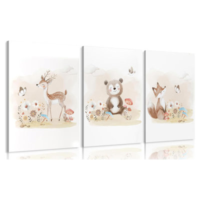 Woodland Animal Nursery Canvas Wall Art Wild Watercolor Animals Paintings Pictures Wall Decor Fox Bear Deer Poster Printing Artwork For Boys Room Girls Room Home Decoration