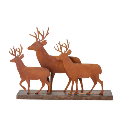 Antique Iron Reindeer Figurine on Mango Wood