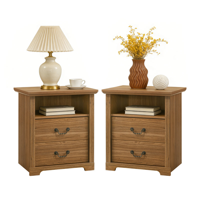Rutland Set Of 2, Rustic Wood Rutlands With 2 Storage Drawers, Bedside Table With Open Shelf For Bedroom, Walnut