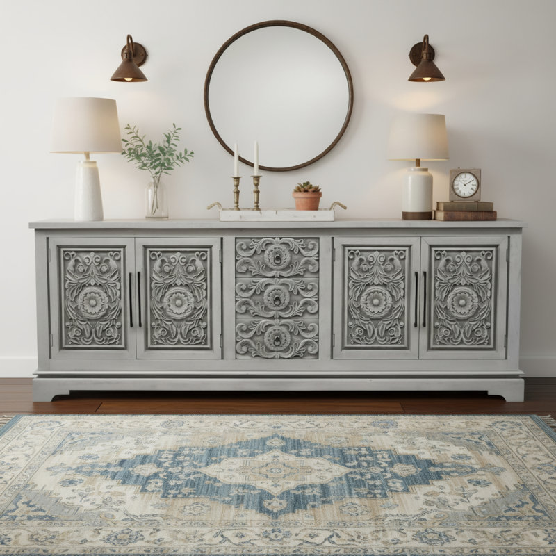 3-drawer 4-door Carved Solid Wood Sideboard, Gray