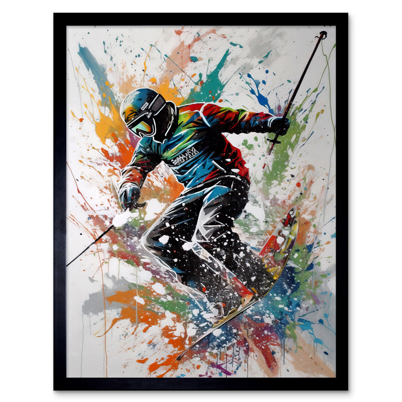 Skier Skiing Multicoloured Paint Splat Action Shot - Single Picture Frame Print