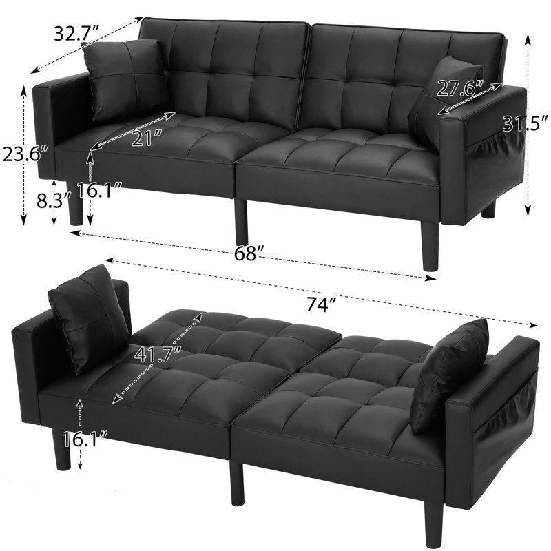 Twin 68" Wide Tufted Back Convertible Sofa