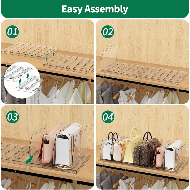 Séparateurs de placard réglables, ensemble de 2 sacs de rangement transparents pour sac à main en acrylique