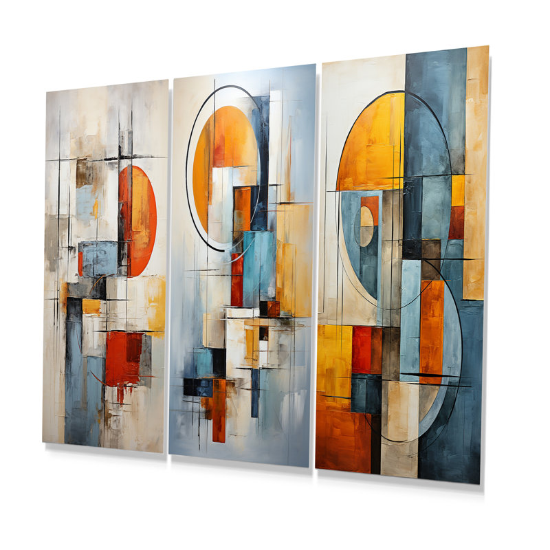 Orange And Blue Cubism Assemblage - Cubism Metal Wall Art Living Room Set Of 3, 28" H x 36" W