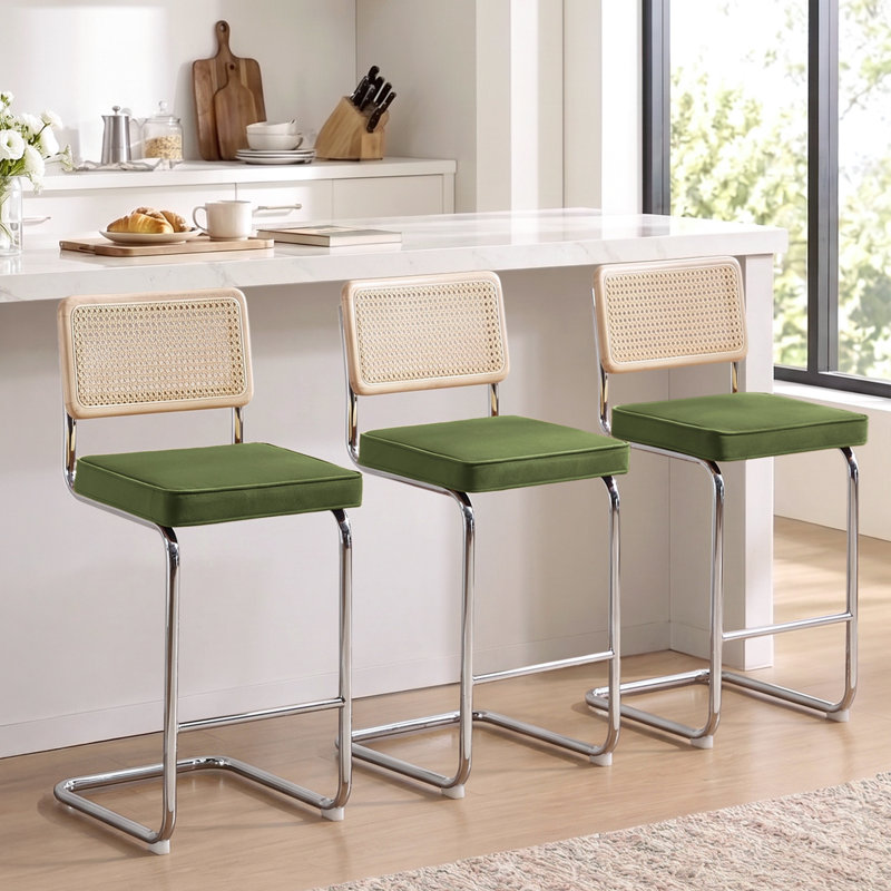 Tabouret de comptoir rembourré 26 po Marlow, 3, Velours vert olive / structure chromée, Hauteur du siège de 26 po