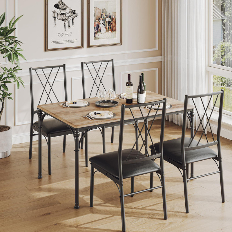 5-Piece Rustic Kitchen Table Set for 4, Compact Dining Table with Upholstered Chairs for Small Apartments & Studios, Yellow