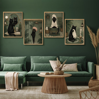 Ensemble de 4 reproductions d'art encadrées Green Bath Black Cat Spa Bath Bath Relax