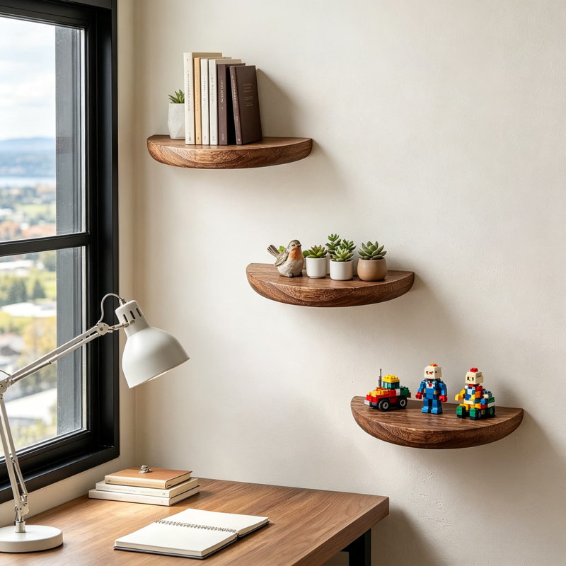 Solid Wood Floating Wall Shelves Set  - Half Round Design For Stylish Home Decor - Perfect For Displaying Photos, Plants, And Collectibles In Living Room, Bathroom, Bedroom, Or Office