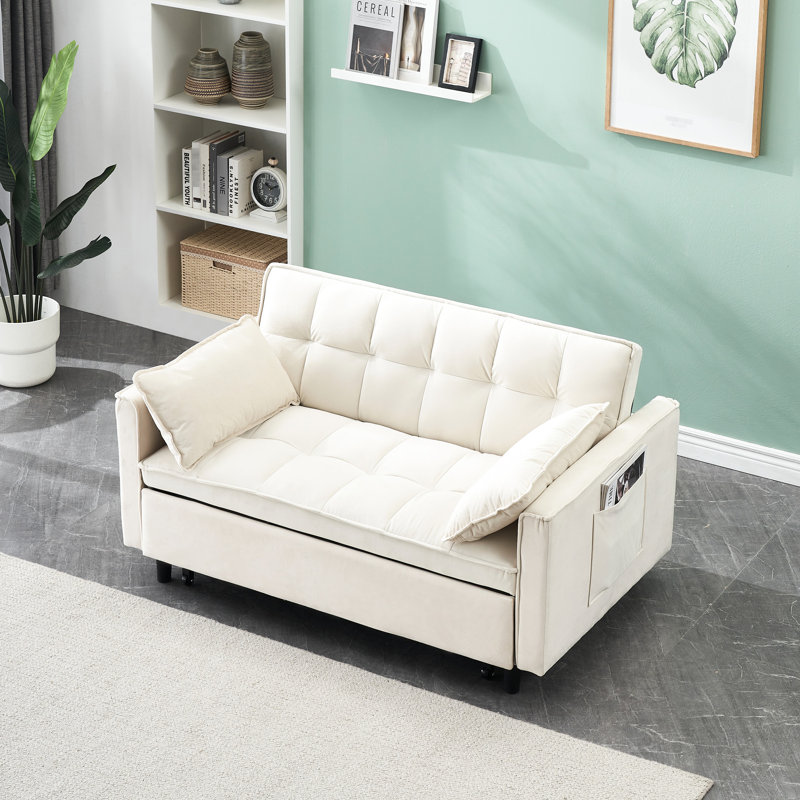 Canapé moderne en velours, canapé-lit coulissant, petit canapé décontracté avec dossier, avec coussin, poches, meubles de salon, canapé-lit convertible 3 en 1.
