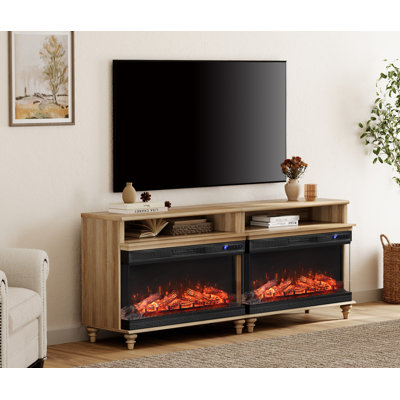 Meuble télé Farmhouse avec foyer électrique 36 po pour téléviseur de 75 po, meuble télé universel en bois avec tablettes de rangement, meuble télé en chêne