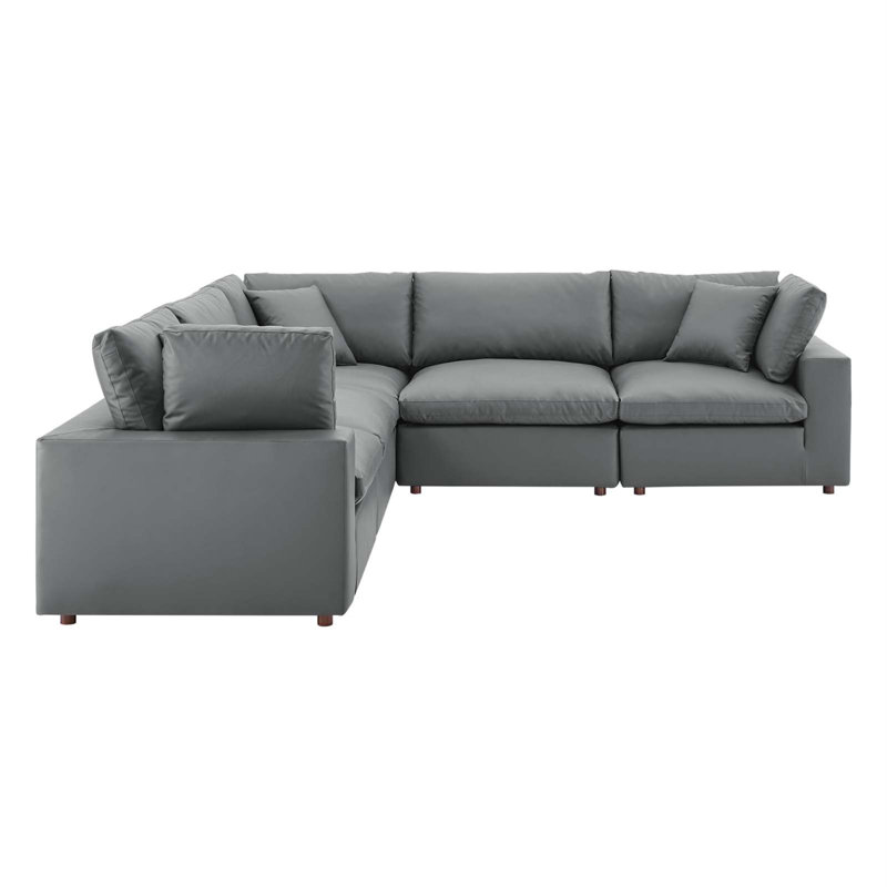 Modway Commix Down Filled Overstuffed Vegan Leather 5-Piece Sectional Sofa, Gray