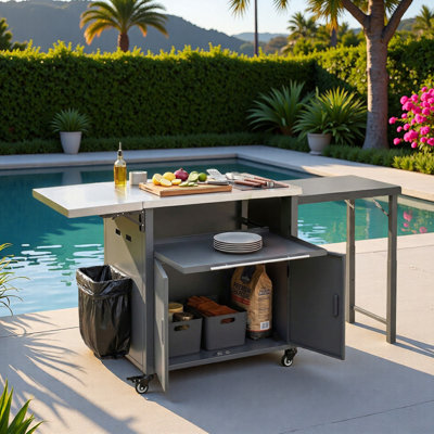 Outdoor Kitchen Island Grill Cart With Trash Rack, Foldable Top, Expandable Lron Panel And Storage Space