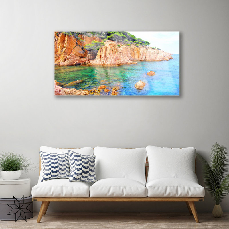 Glass Print Wall Art 100X50cm Image Printed On Glass Decorative Wall Picture Behind Toughened / Tempered Safety Real Glass For Kitchen & Living Room Theme: Rocky Sea Landscape