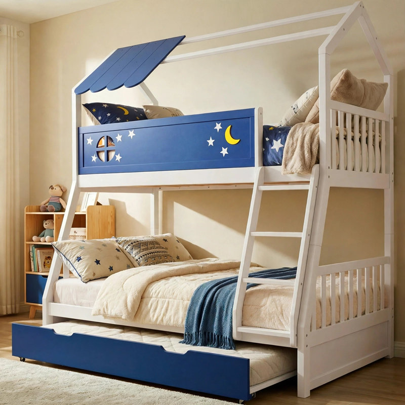 Arozu Twin Over Full Bunk Bed with Trundle & Stickers - Pine Wood Kids Bed with Night Sky Guard Rail & Ladder - Navy Blue & White