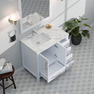 Bath Vanity 36 in. W x 22 in. D, Left Offset Carrara Marble Top, and 34 in. Mirrors