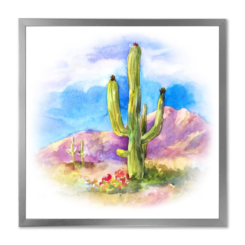 Cactus carnegiea dans le dessert - on, H 36 po x l 36 po x P 1,5 po, Toile argentée avec cadre photo