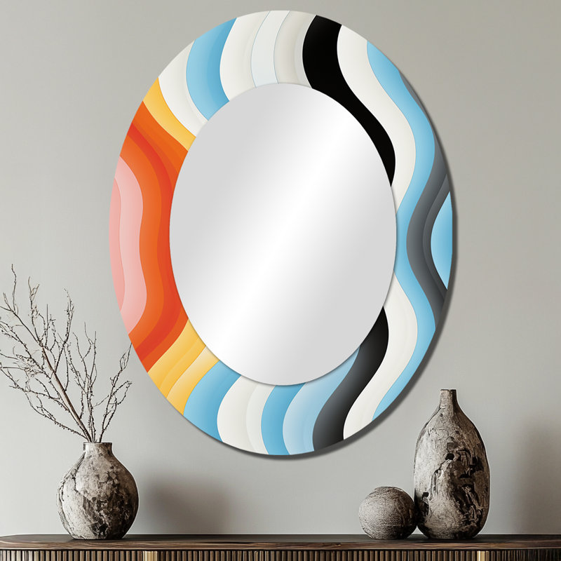 Opt Art Straight Line Delirum I - Multi-Color Modern Oval Wall Mirror, 40" x 30"