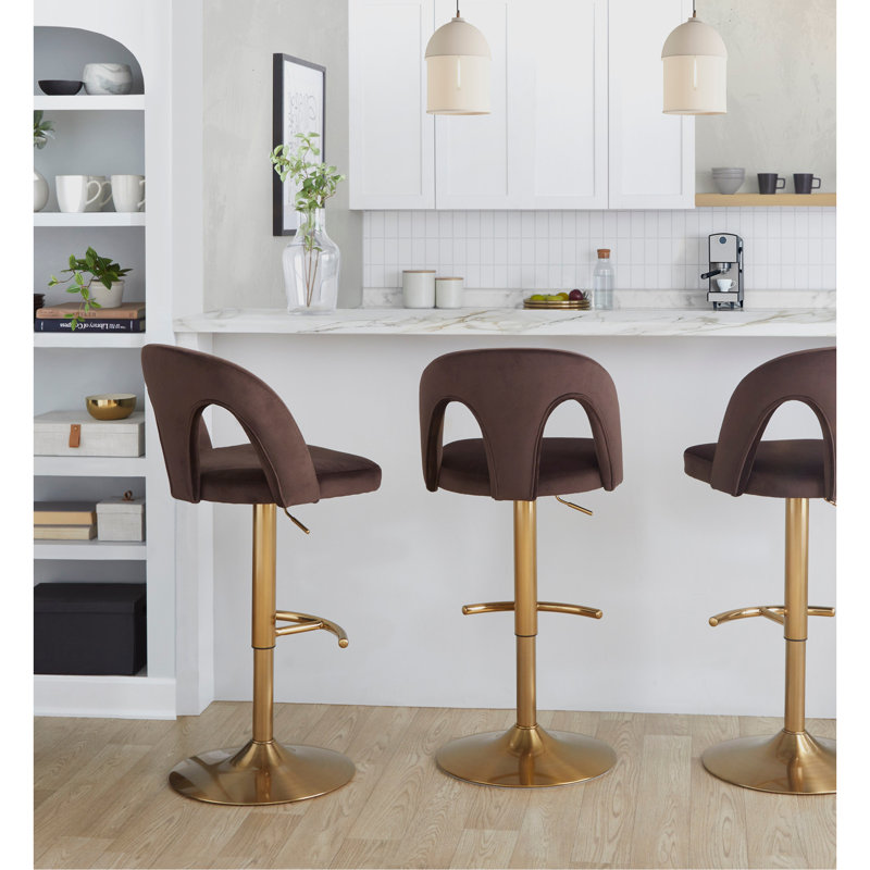 Tabouret de bar réglable en métal doré et velours espresso avec repose-pieds arrondi en T - ensemble de 2, Gold