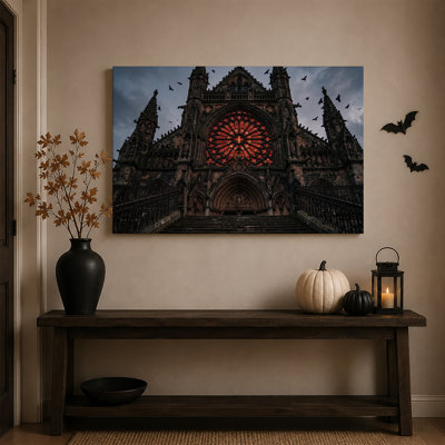 Cathédrale gothique avec fenêtre rose rouge et toile murale d'Halloween volante