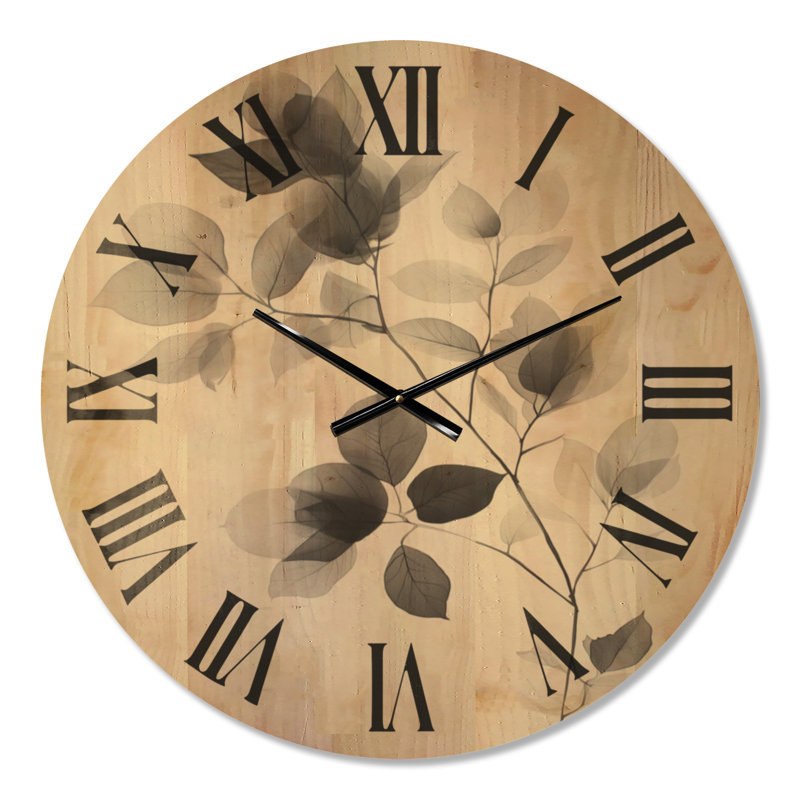 Horloge murale ronde scandinave grise, motif feuille translucide, imprimée sur bois massif, Grand