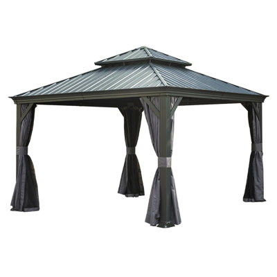 Abri de jardin à toit rigide de 12 pi x 12 pi, abri de jardin en métal amélioré avec système de drainage, toit en acier galvanisé à double couche, rideau et filet, auvent d'abri extérieur pour patio, jardin et cour arrière