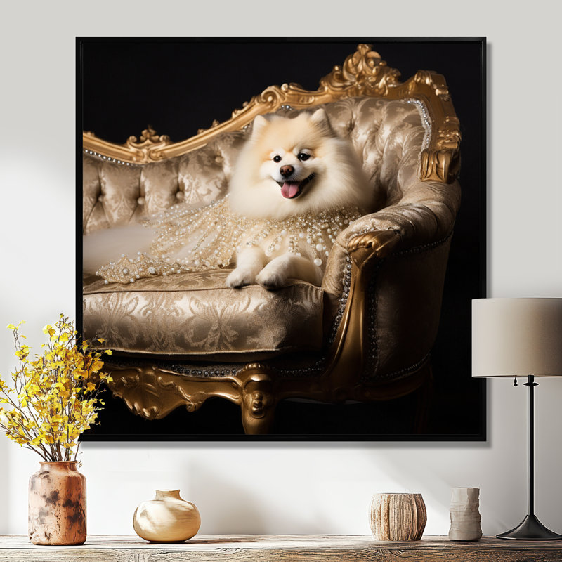 Adorable poméranien sur canapé Glam - art mural chien, Toile avec cadre noir, H 16 po x l 16 po x P 1 po