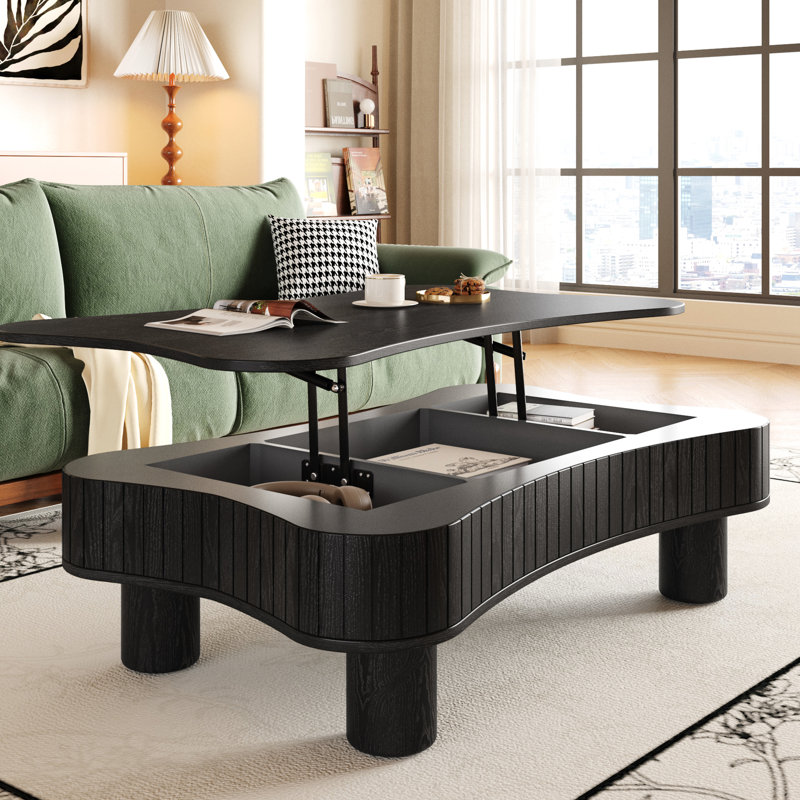 Table basse relevable de 42 pouces avec fonction hydraulique silencieuse, 3 espaces de rangement cachés, bords courbés, installation d'outils en 5 minutes, table de salon noire, panneaux latéraux cannelés, compartiments, lisse