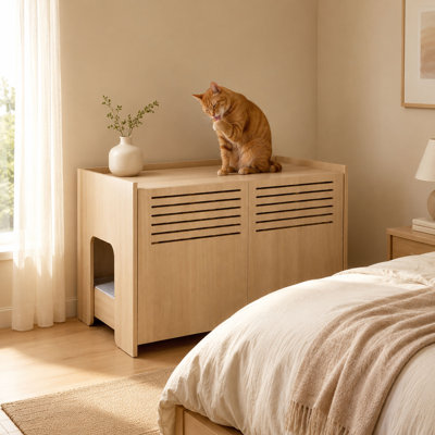 Enceinte de litière, armoire à litière pour chat cachée en bois avec grille de récupération de litière en métal coulissante, portes doubles à persiennes ventilées, entrée latérale pour chat, meubles de salle de bain pour salon