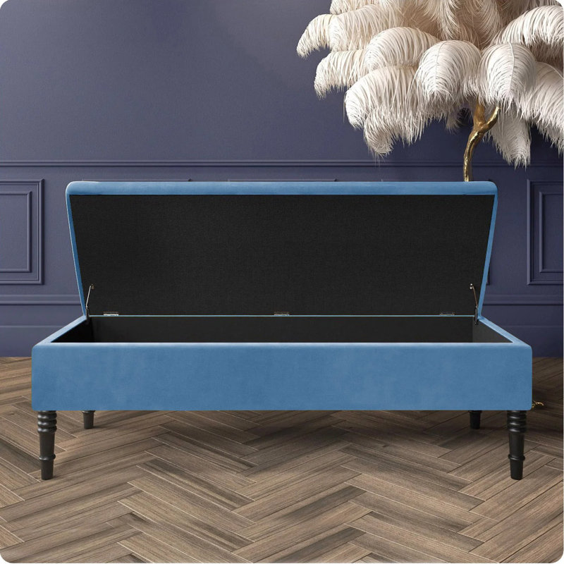 Safar Plain Upholstered Plush Velvet Ottoman Storage Bench with Black Turned Wooden Legs, Duck Egg, 40cm H x 90cm W x 40cm D