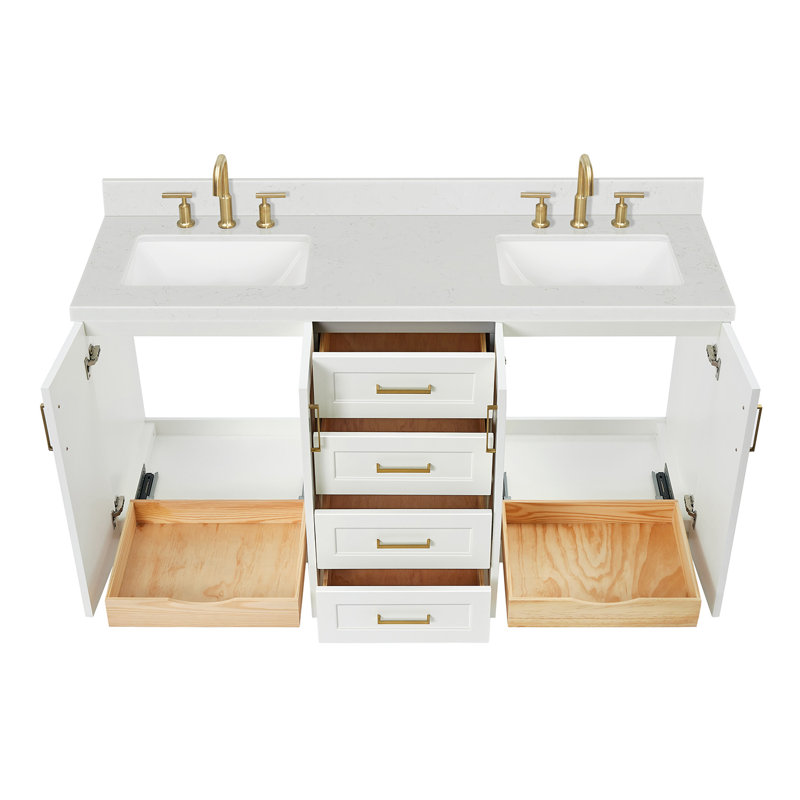 Freitas 66'' Solid Wood Double Bathroom Vanity in White with 1.5'' Carrara White Quartz Top, Center, Rectangle Sink, White