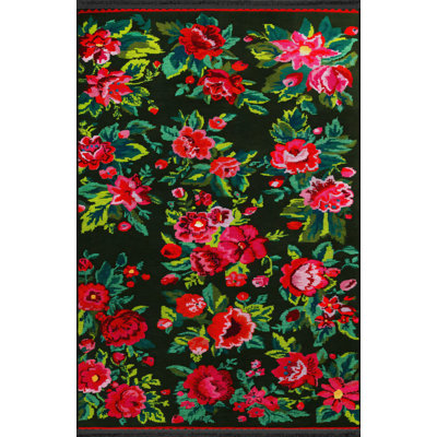 Tapis décoratif moderne noir à motif de franges roses et rouges