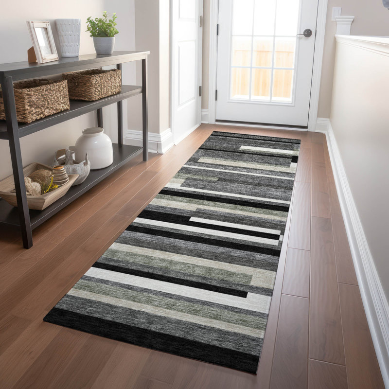 Premium Machine Washable Prisco Black Rug, Runner 2'3" x 7'6"