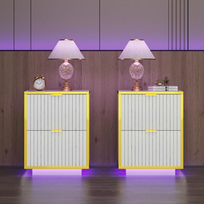 Modern Led End Table, 18 Inch  Night Stand with 2 Fluted Drawers and Golden Handles(Set of 2)
