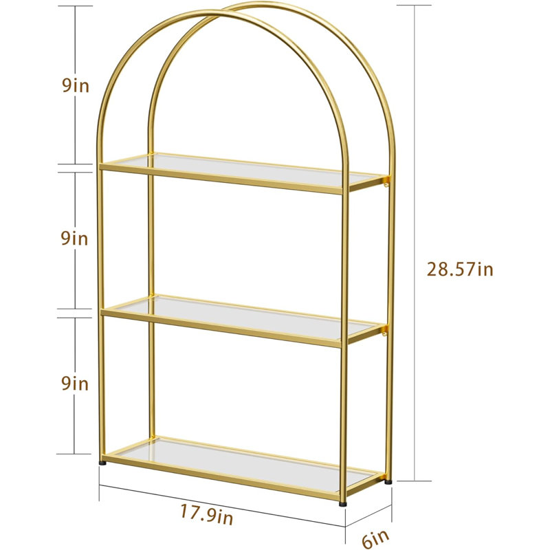 Arched Wall Shelf With Tempered Glass, 3 Tier Decorative Bathroom Shelf, Sturdy Metal Frame & Transparent Shelves For Home Storage & Organization