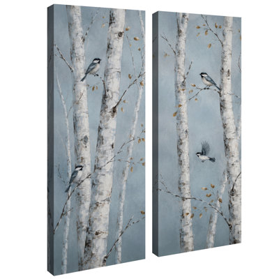 Bouleaux bleu-gris avec mésanges et feuilles dorées - Décoration murale nature forestière - Ensemble de 2 impressions sur toile encadrées 81 x 30 x 5 cm