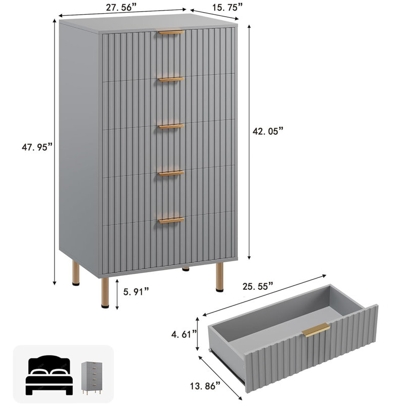 Commode 5 tiroirs 48 po pour chambre à coucher, commode moderne avec rangement profond 48 po, Gris