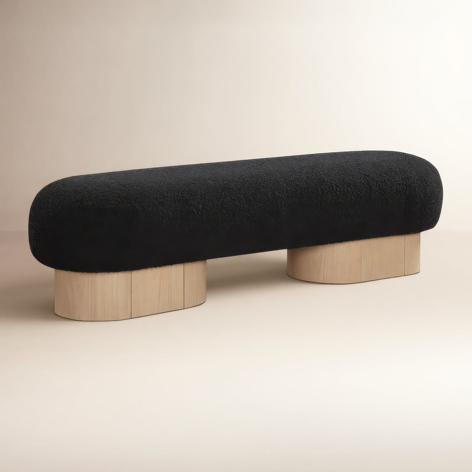 Denyer 61" Bedroom Bench, Black Boucle Fabric, Light Oak