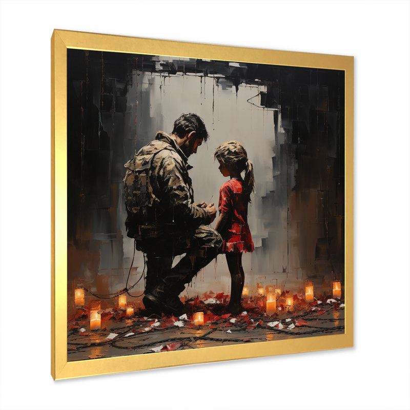 Reproduction d'art sur toile, "Père et fille", Cadre photo doré simple, H 36 po x l 36 po x P 1,5 po