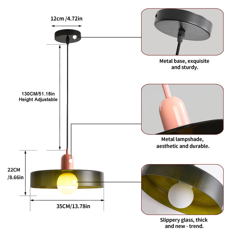 Luminaire suspendu 0 lumière, Vert, Rose, H 8,66 po x l 13,78 po x P 13,78 po